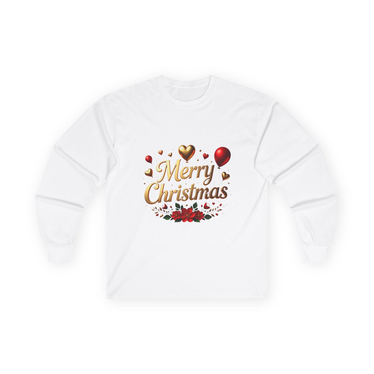 Merry Christmas Long Sleeve Tee — Festive Gold Script & Poinsettia Design