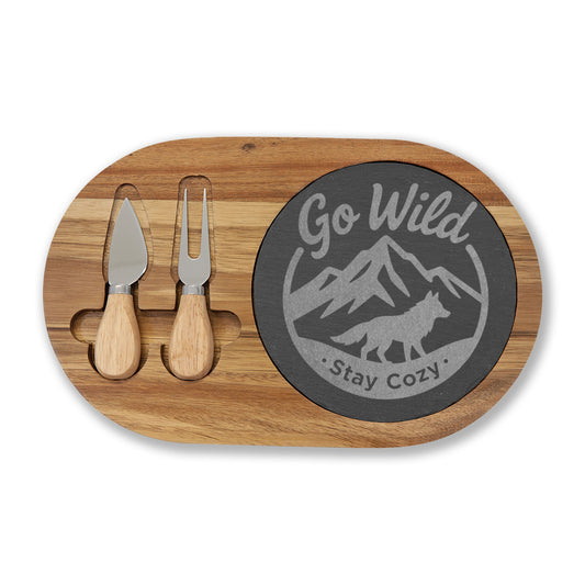 Go Wild Engraved Bamboo Charcuterie Board with Slate Inlay — 'Stay Cozy' Cheese Serving Set