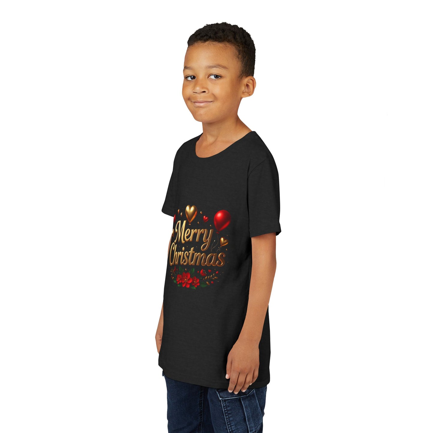 Youth Tee — Merry Christmas Gold Script with Hearts & Poinsettia Holiday Design