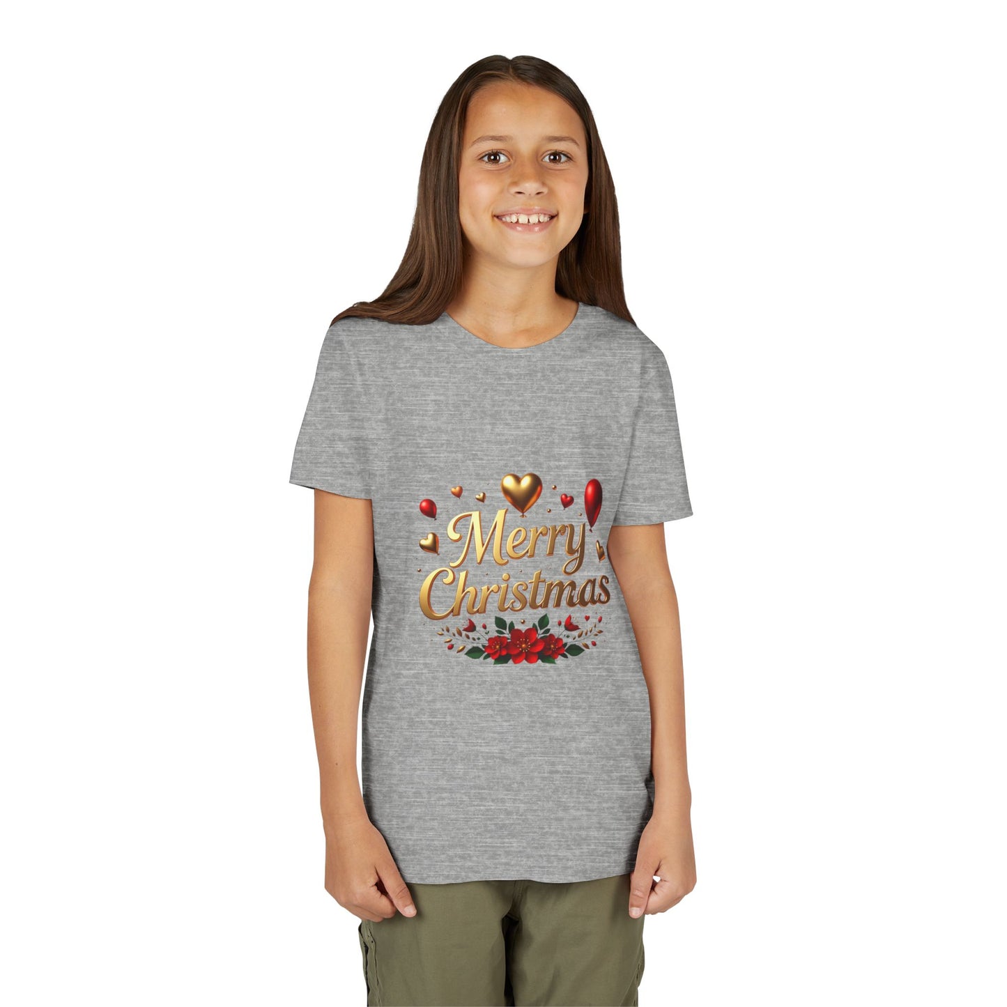 Youth Tee — Merry Christmas Gold Script with Hearts & Poinsettia Holiday Design