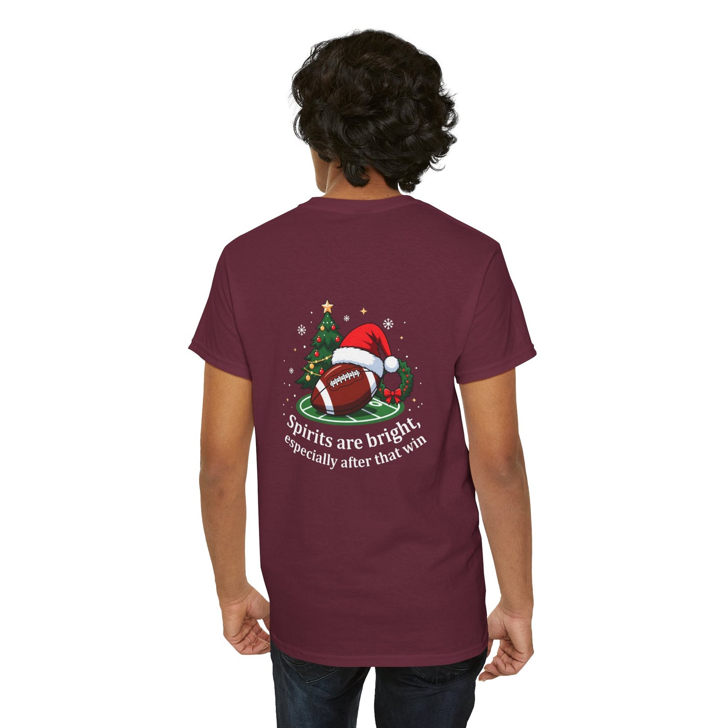 Christmas Football T-Shirt — "Spirits are bright, especially after that win" Holiday Tee