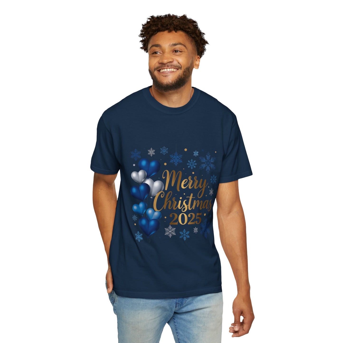 Christmas 2025 T-Shirt – "Merry Christmas 2025" Blue Heart Snowflake Holiday Tee