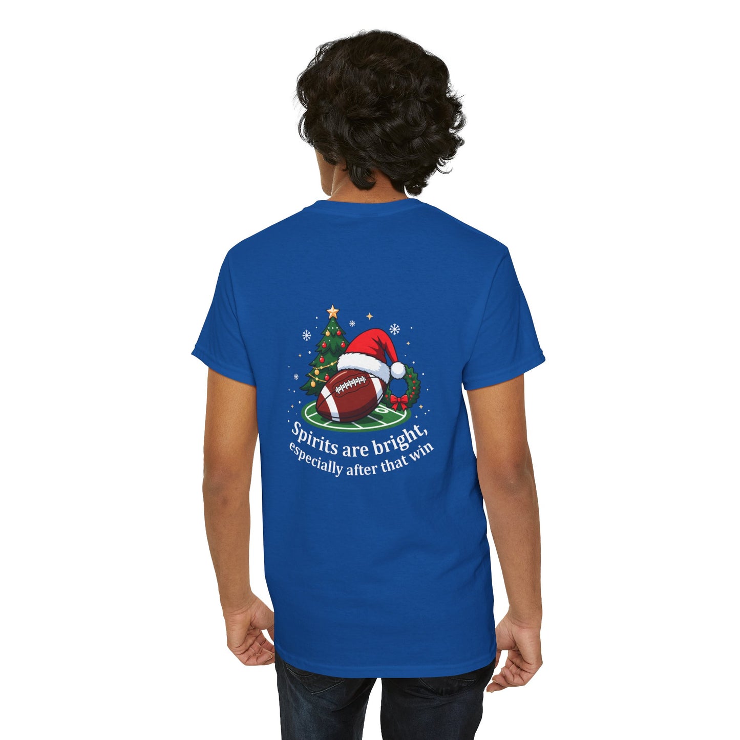 Christmas Football T-Shirt — "Spirits are bright, especially after that win" Holiday Tee