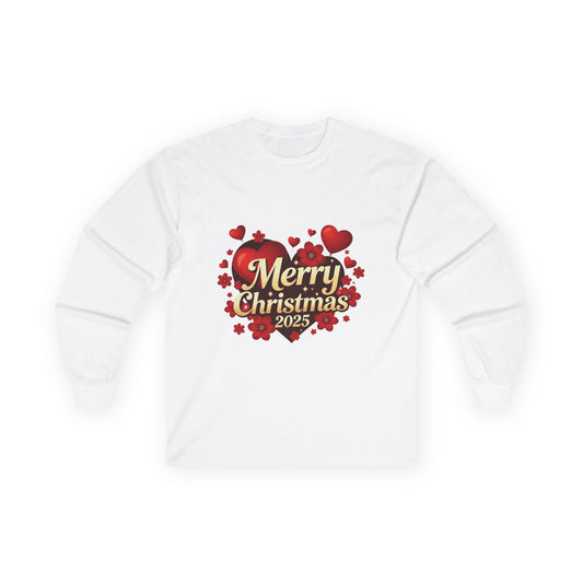 Long Sleeve Tee — "Merry Christmas 2025" Heart Holiday Shirt
