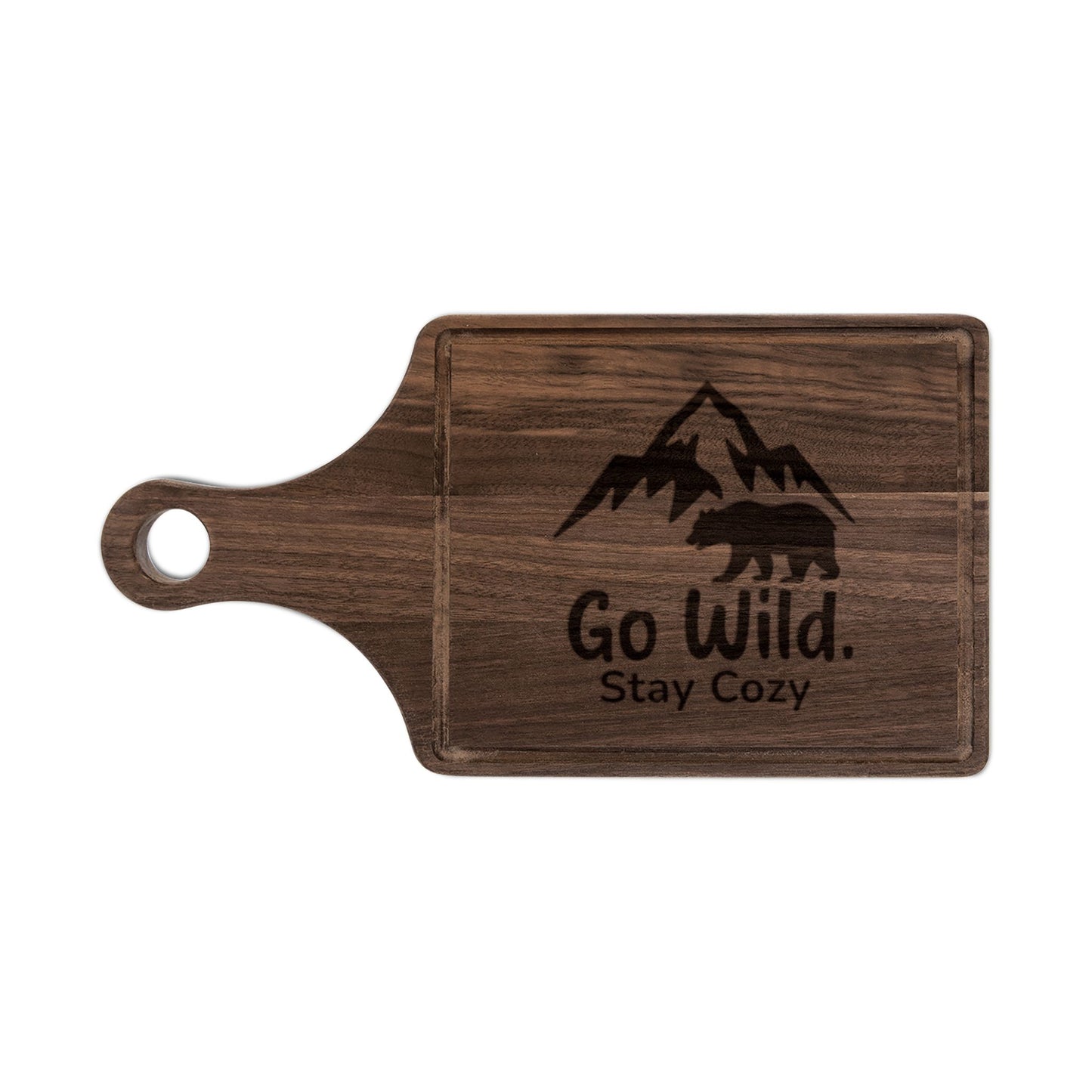 Engraved Maple Cutting Board – 'Go Wild Stay Cozy' Mountain & Bear Cabin Serving Board