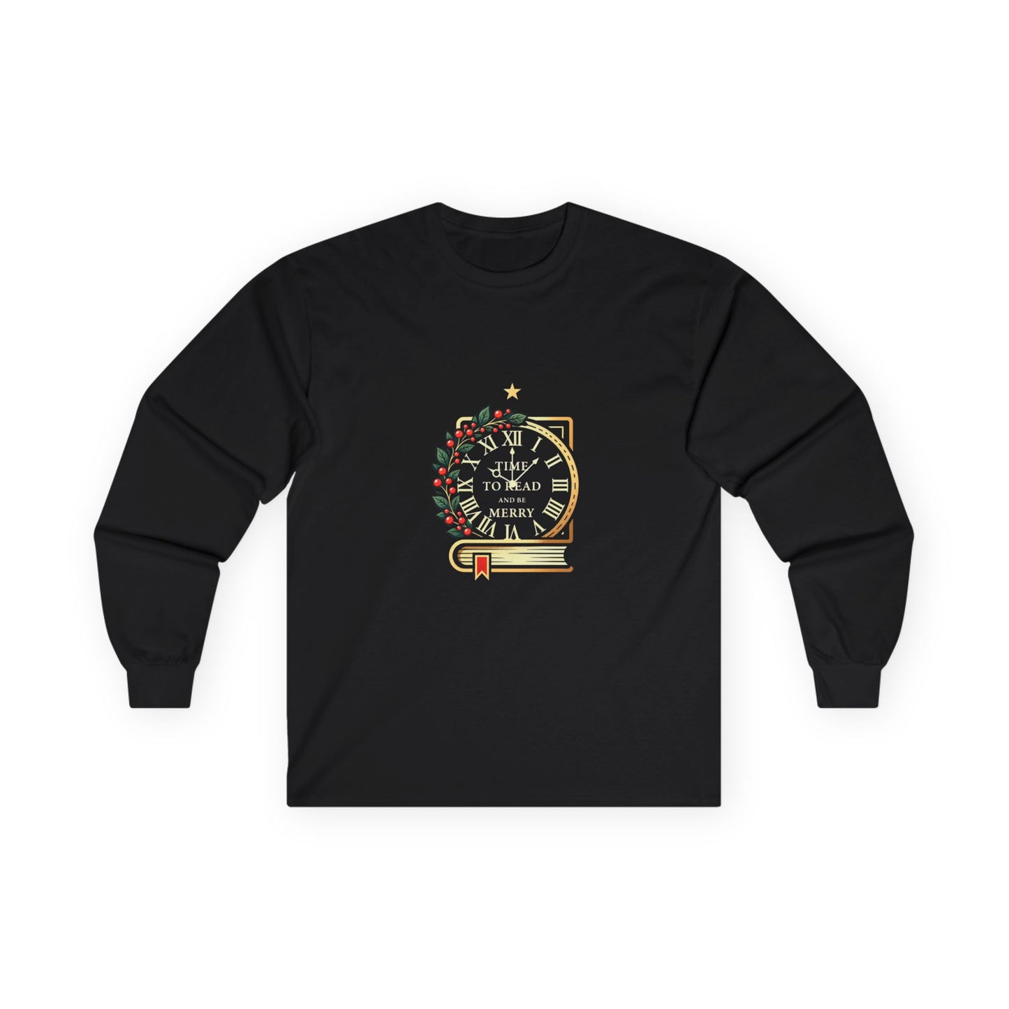 Christmas Clock & Wreath Long Sleeve Tee — "Time to Read Merry" Holiday Shirt