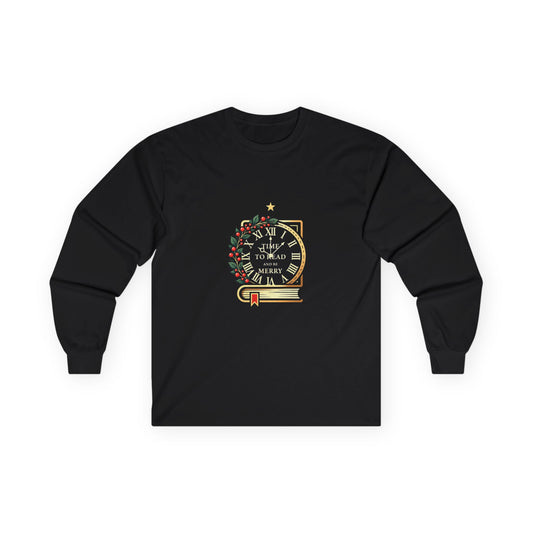 Christmas Clock & Wreath Long Sleeve Tee — "Time to Read Merry" Holiday Shirt