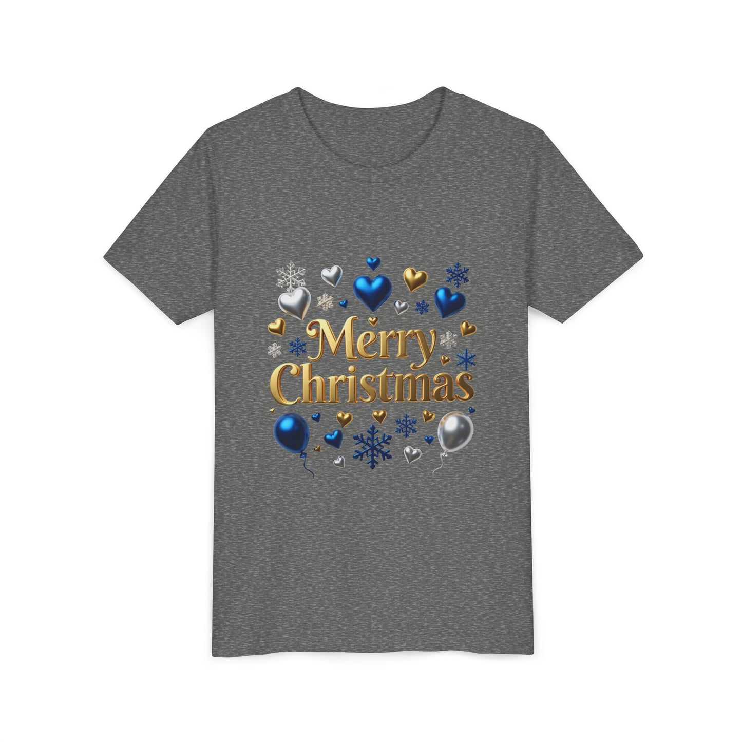Youth Tee — "Merry Christmas" Gold Script with Blue & Silver Ornaments