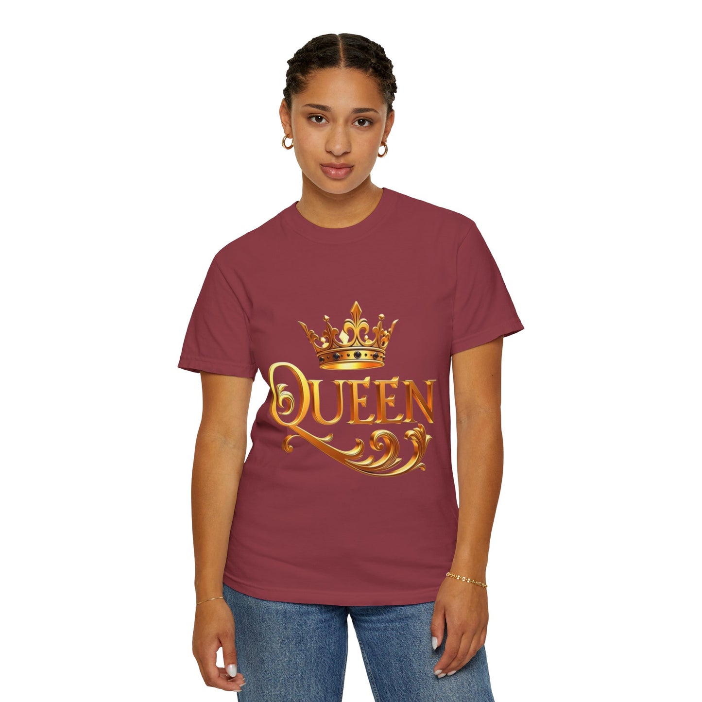 Queen Crown T-Shirt — Regal Gold Typography Tee for Her