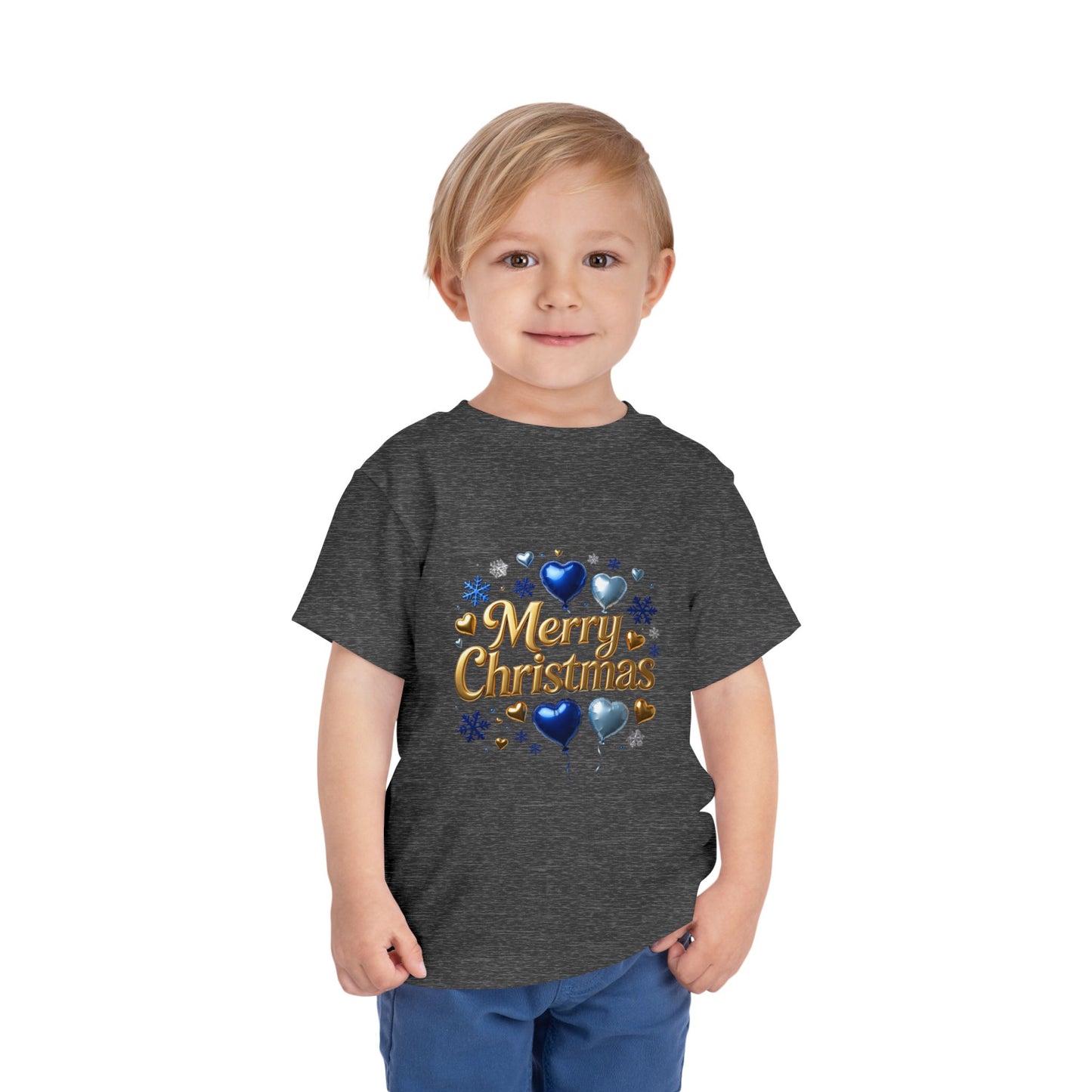 Toddler Tee — 'Merry Christmas' Blue Heart & Snowflake Holiday Shirt