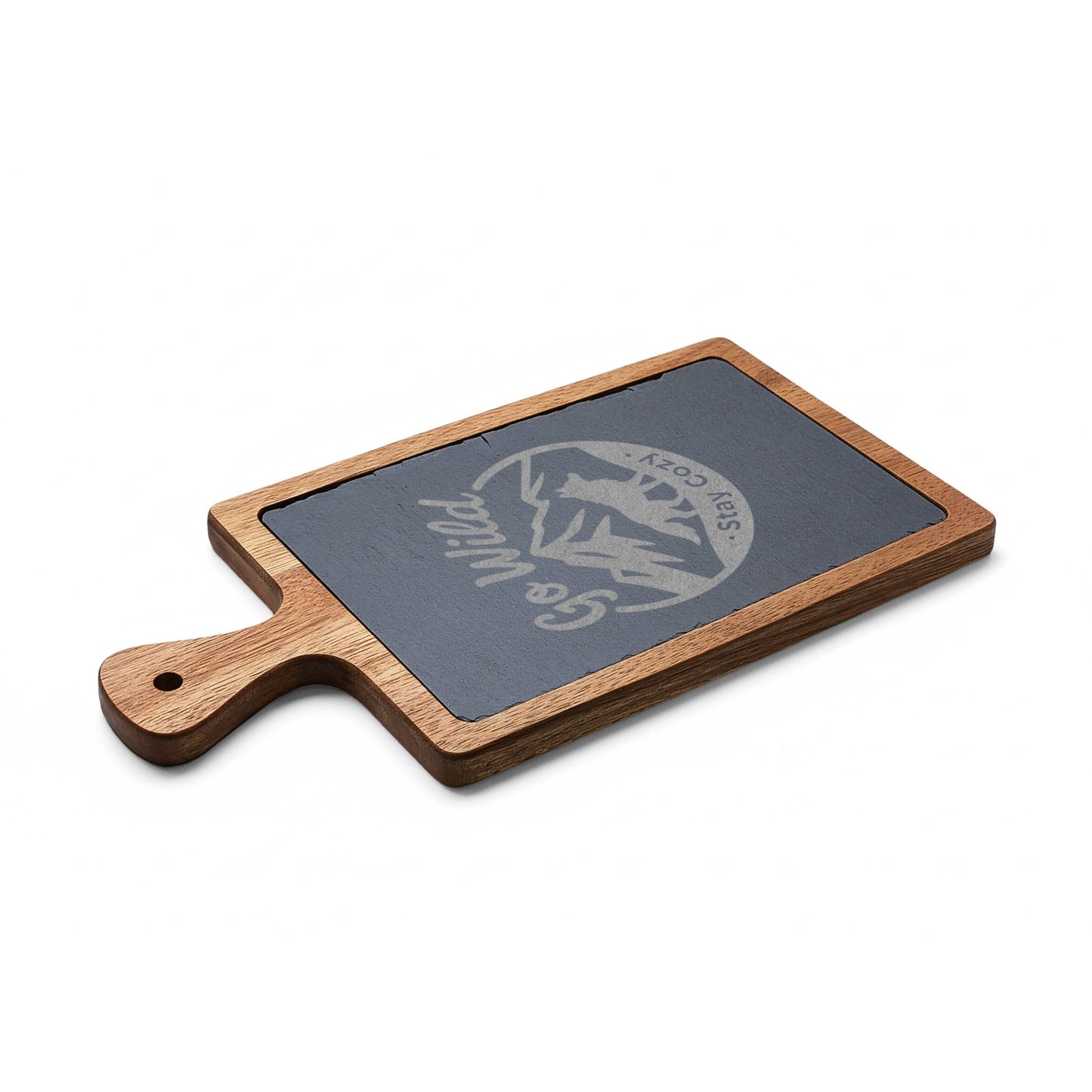 Go Wild Engraved Bamboo Charcuterie Board with Slate Inlay — 'Stay Cozy' Cheese Serving Set