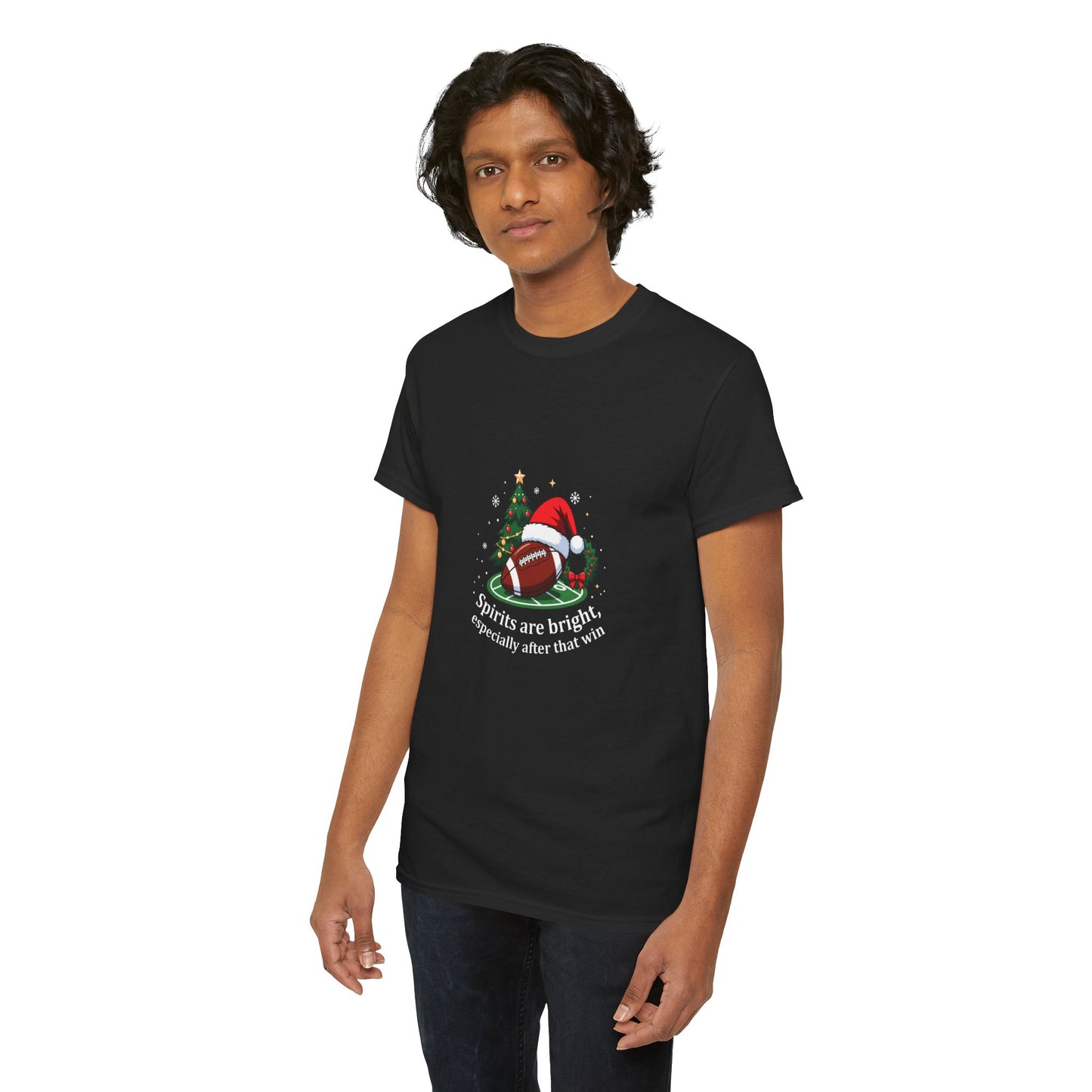 Christmas Football T-Shirt — "Spirits are bright, especially after that win" Holiday Tee