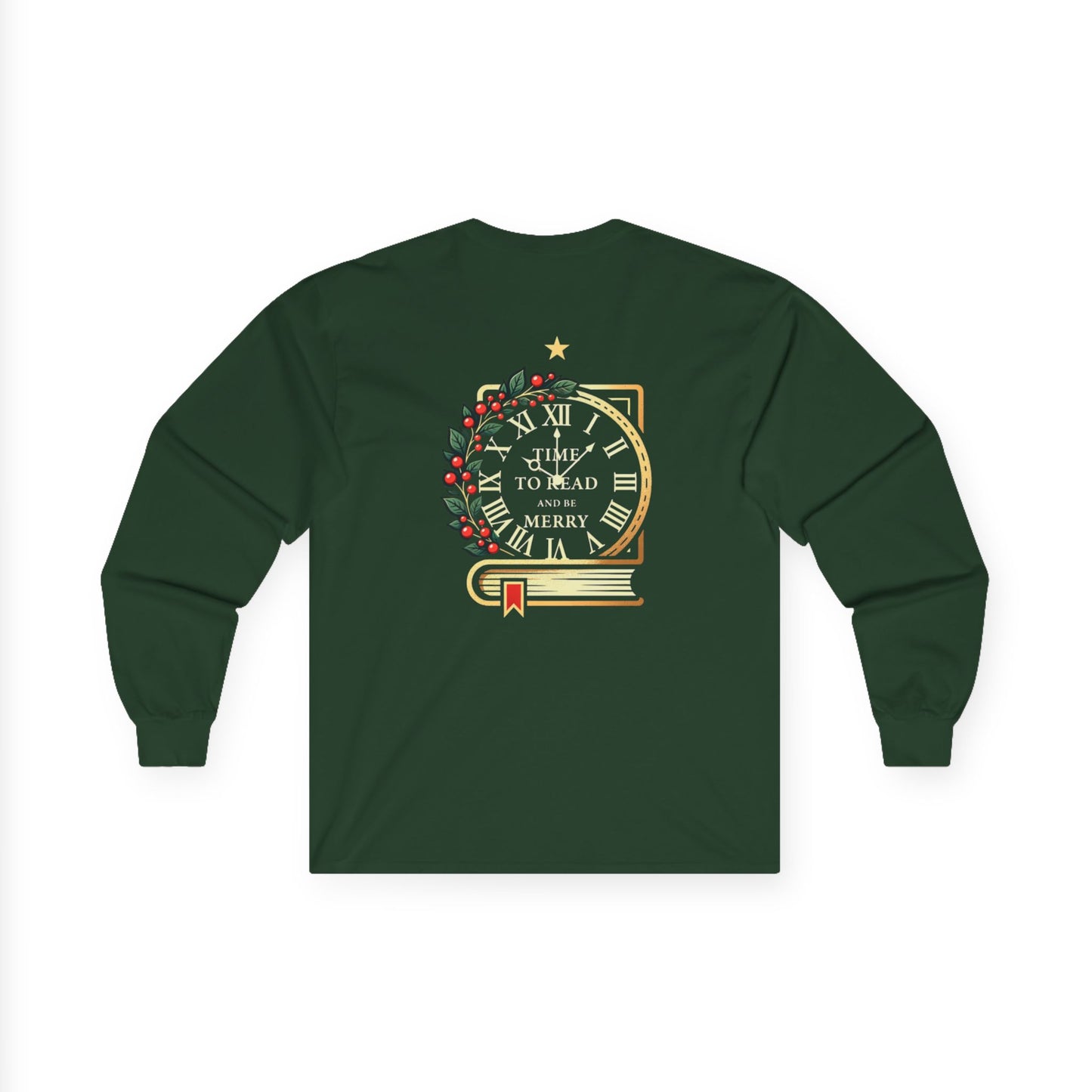 Christmas Clock & Wreath Long Sleeve Tee — "Time to Read Merry" Holiday Shirt