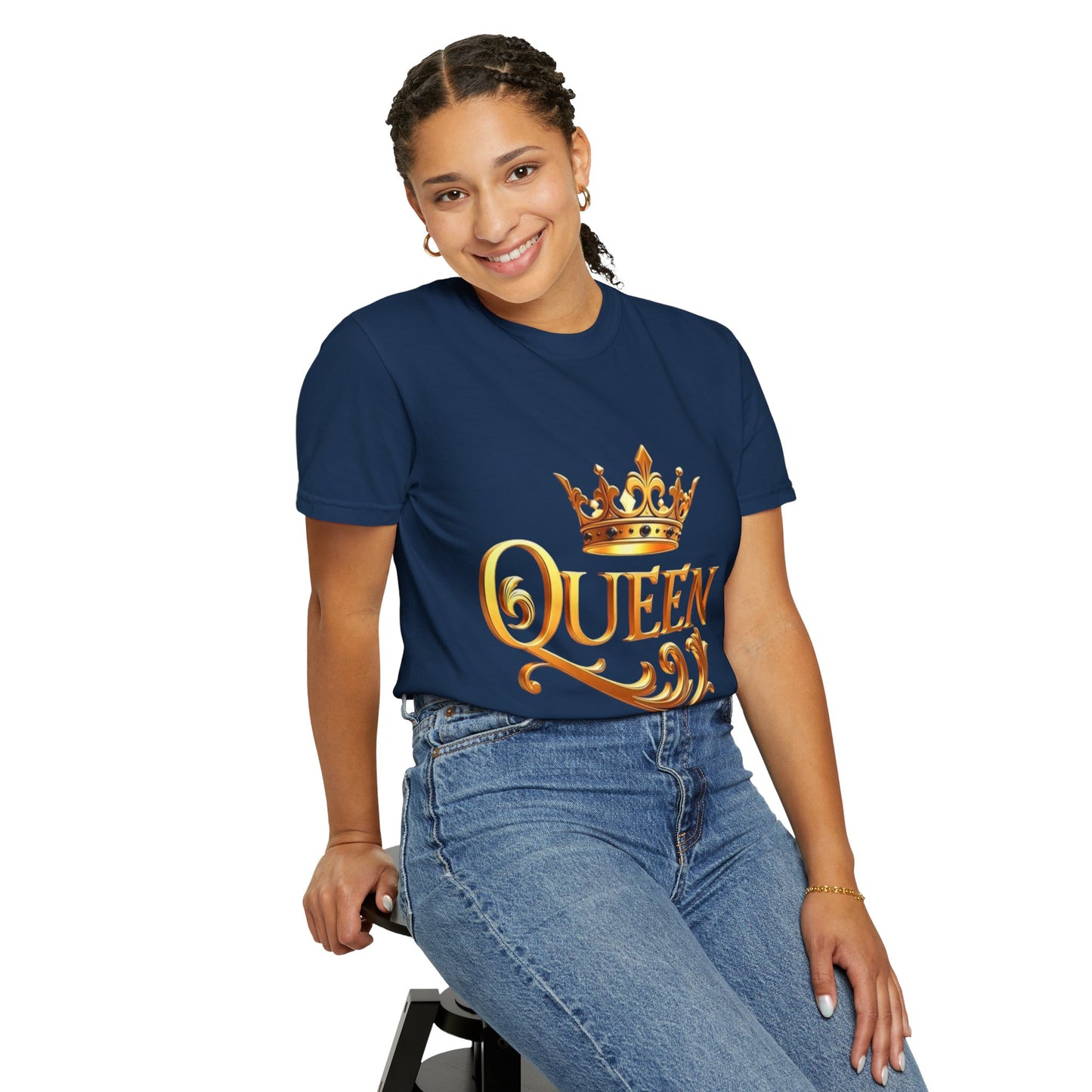Queen Crown T-Shirt — Regal Gold Typography Tee for Her