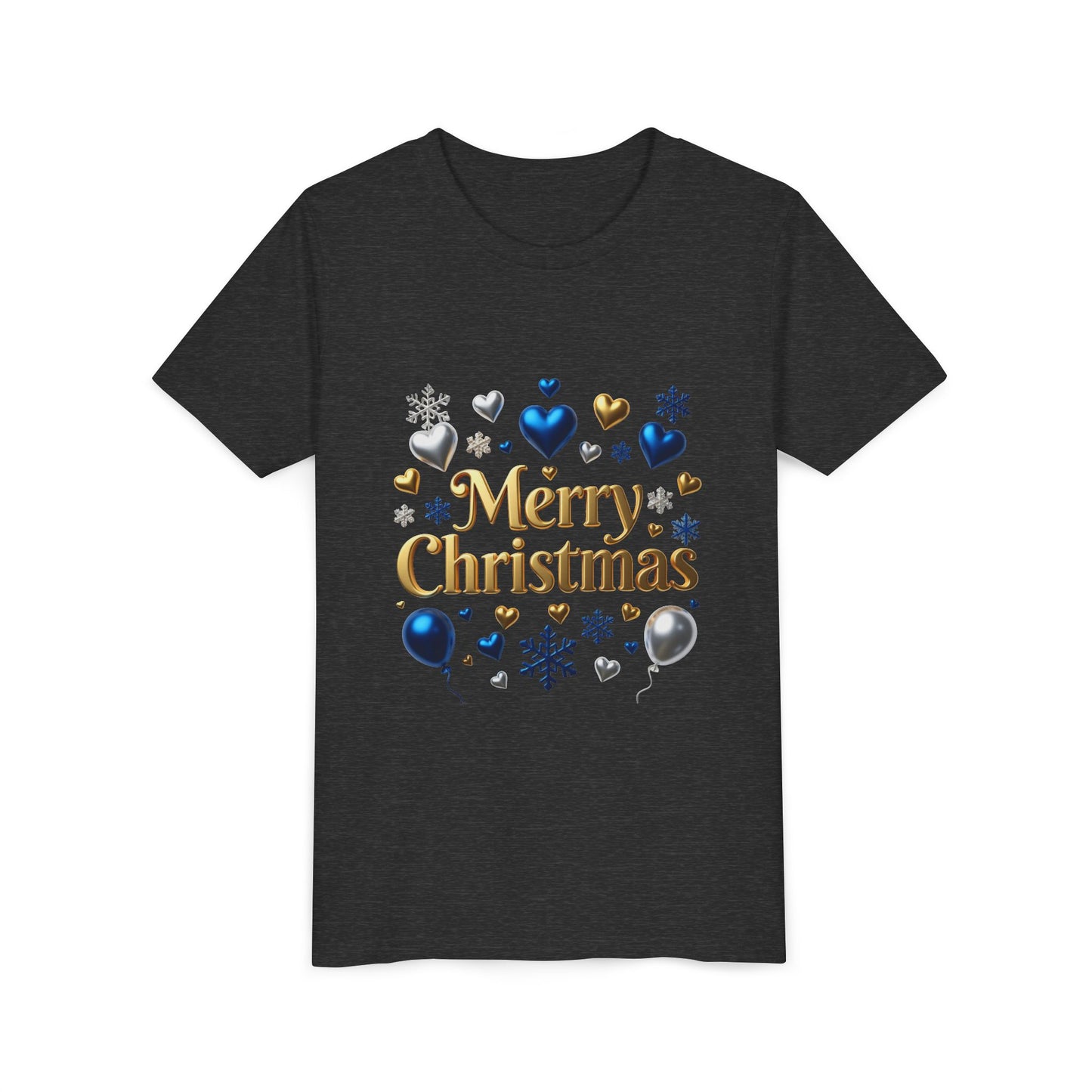 Youth Tee — "Merry Christmas" Gold Script with Blue & Silver Ornaments