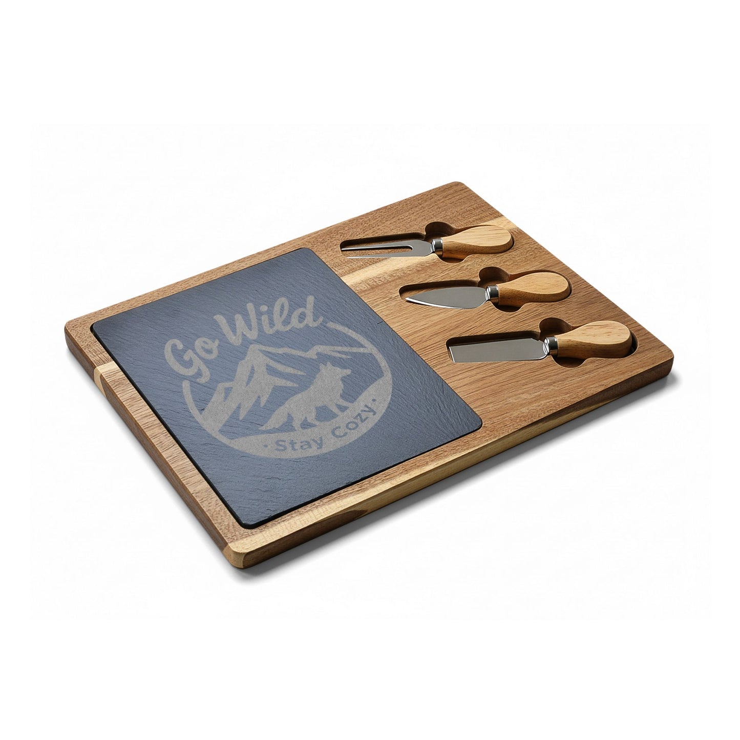 Go Wild Engraved Bamboo Charcuterie Board with Slate Inlay — 'Stay Cozy' Cheese Serving Set