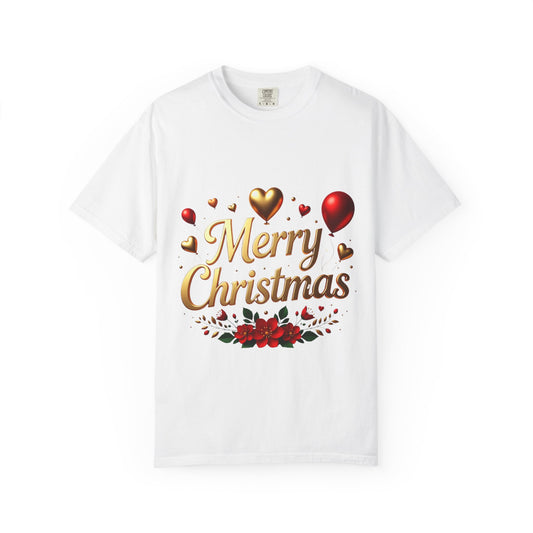 Merry Christmas T-Shirt — Festive Gold Script with Holly & Hearts