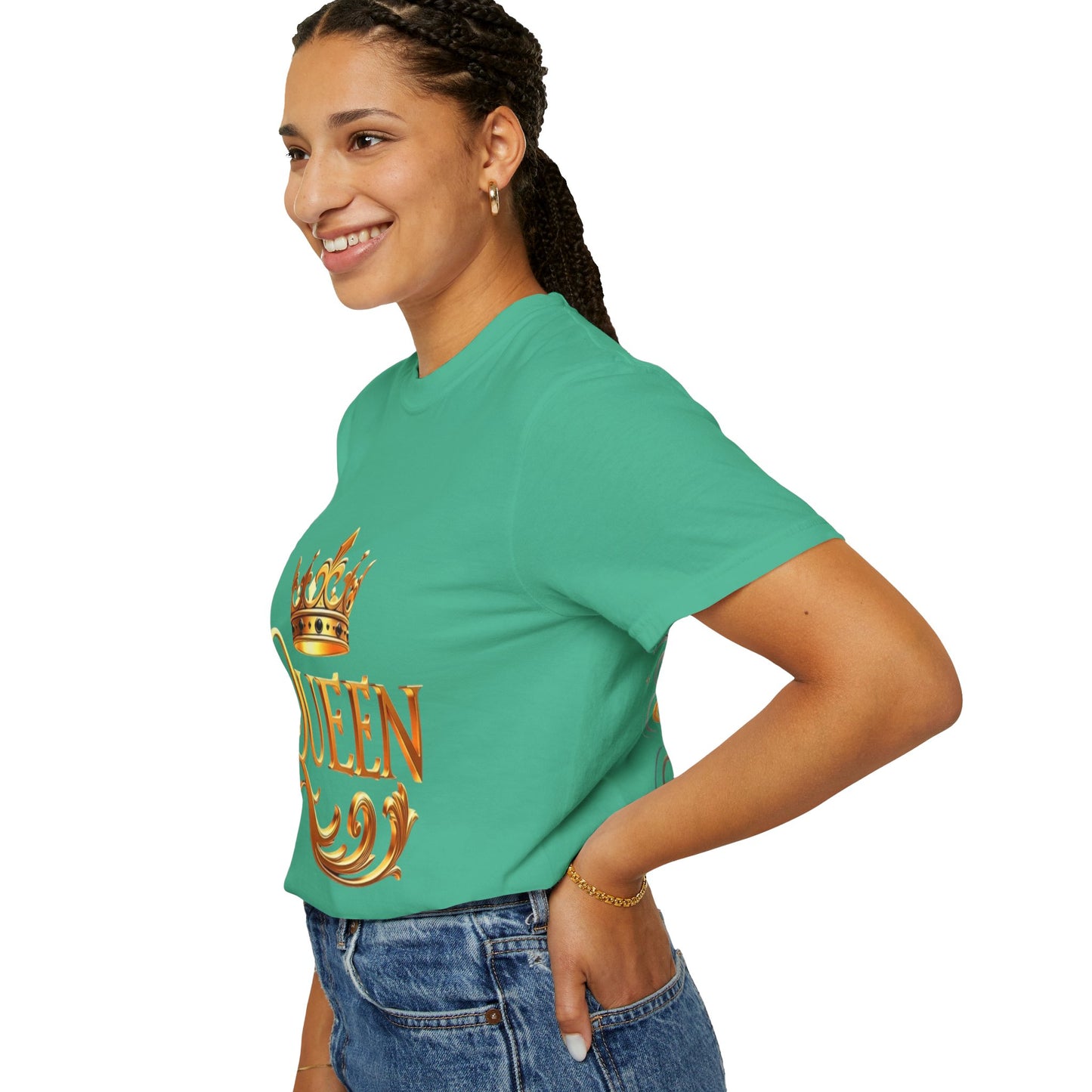 Queen Crown T-Shirt — Regal Gold Typography Tee for Her
