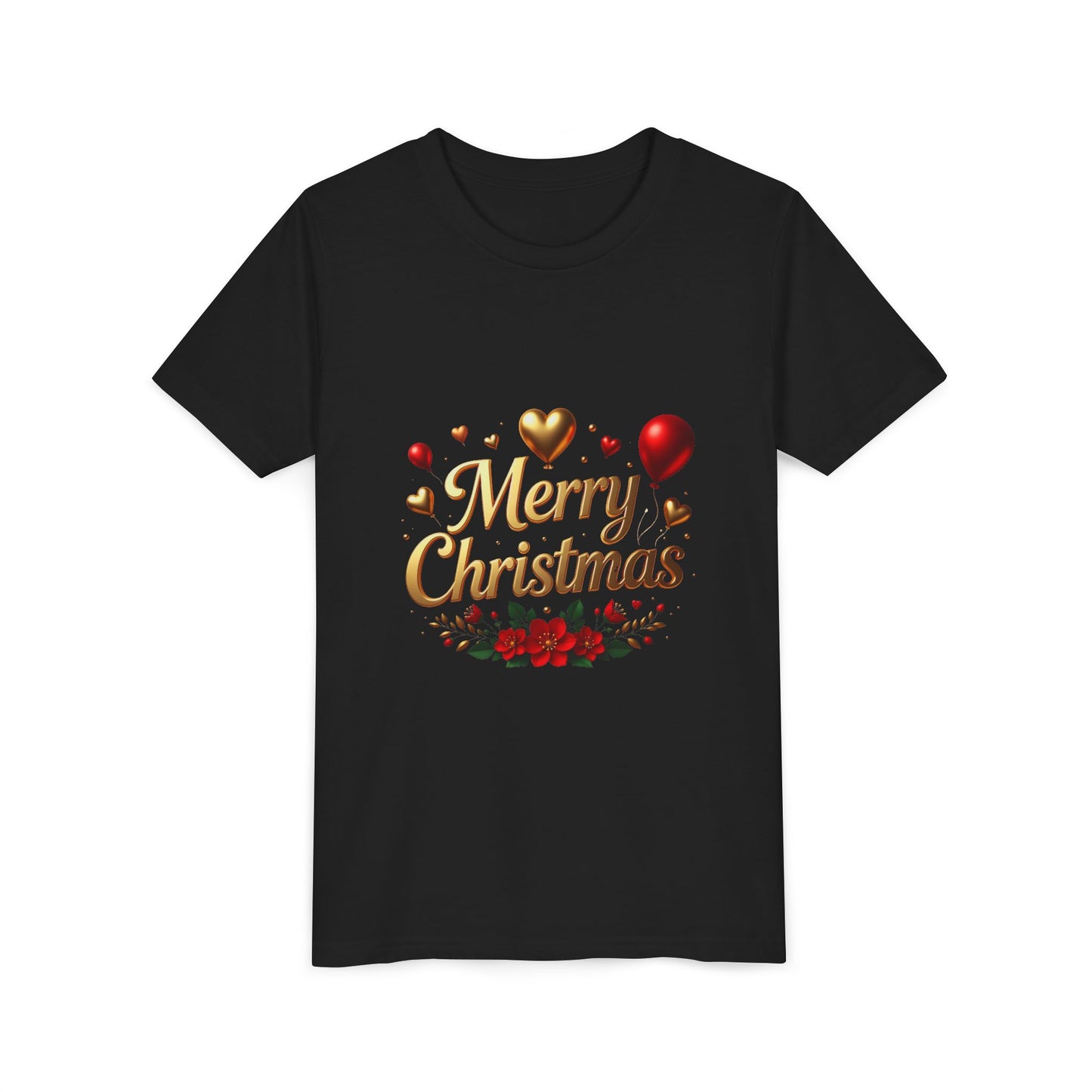 Youth Tee — Merry Christmas Gold Script with Hearts & Poinsettia Holiday Design