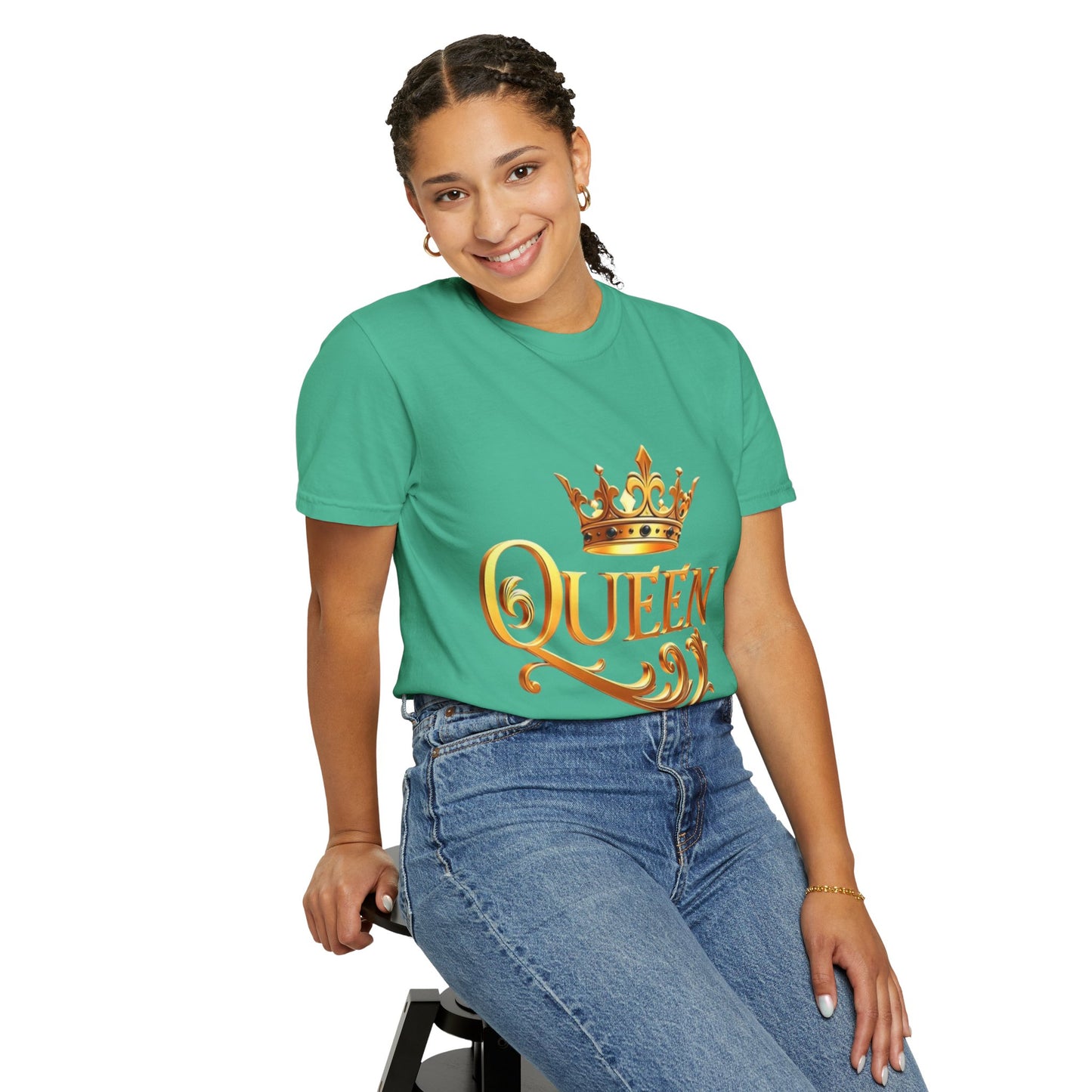 Queen Crown T-Shirt — Regal Gold Typography Tee for Her