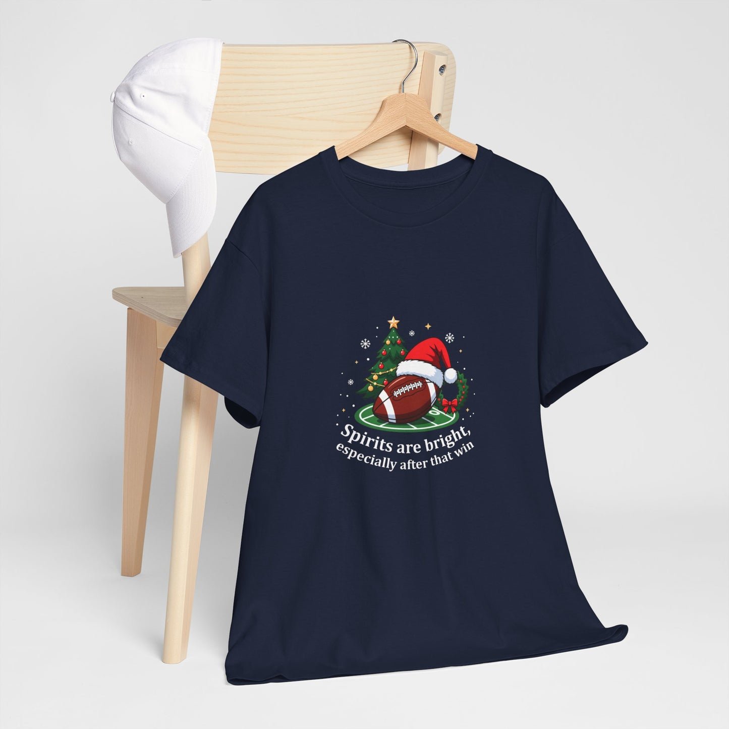 Christmas Football T-Shirt — "Spirits are bright, especially after that win" Holiday Tee