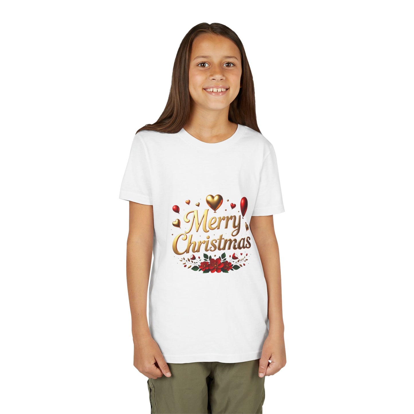 Youth Tee — Merry Christmas Gold Script with Hearts & Poinsettia Holiday Design
