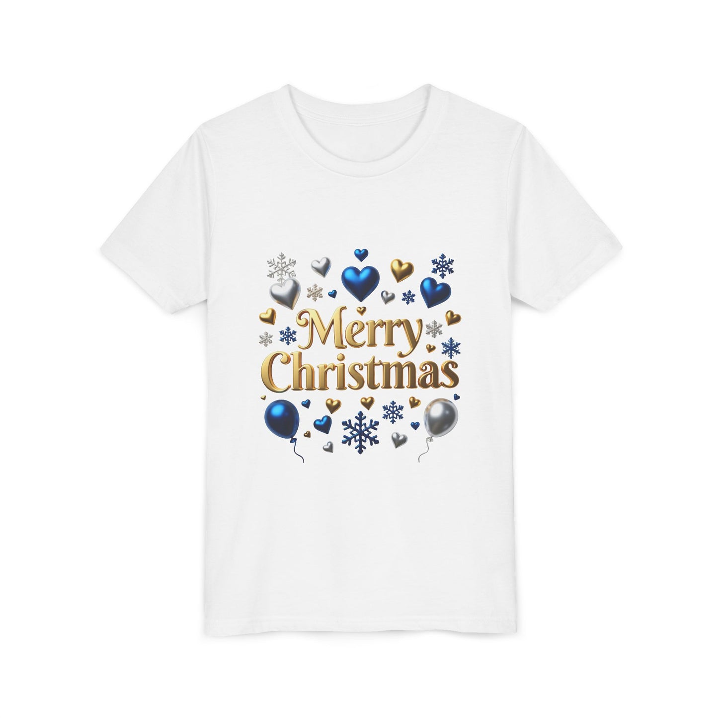 Youth Tee — "Merry Christmas" Gold Script with Blue & Silver Ornaments