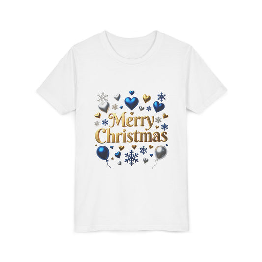Youth Tee — "Merry Christmas" Gold Script with Blue & Silver Ornaments