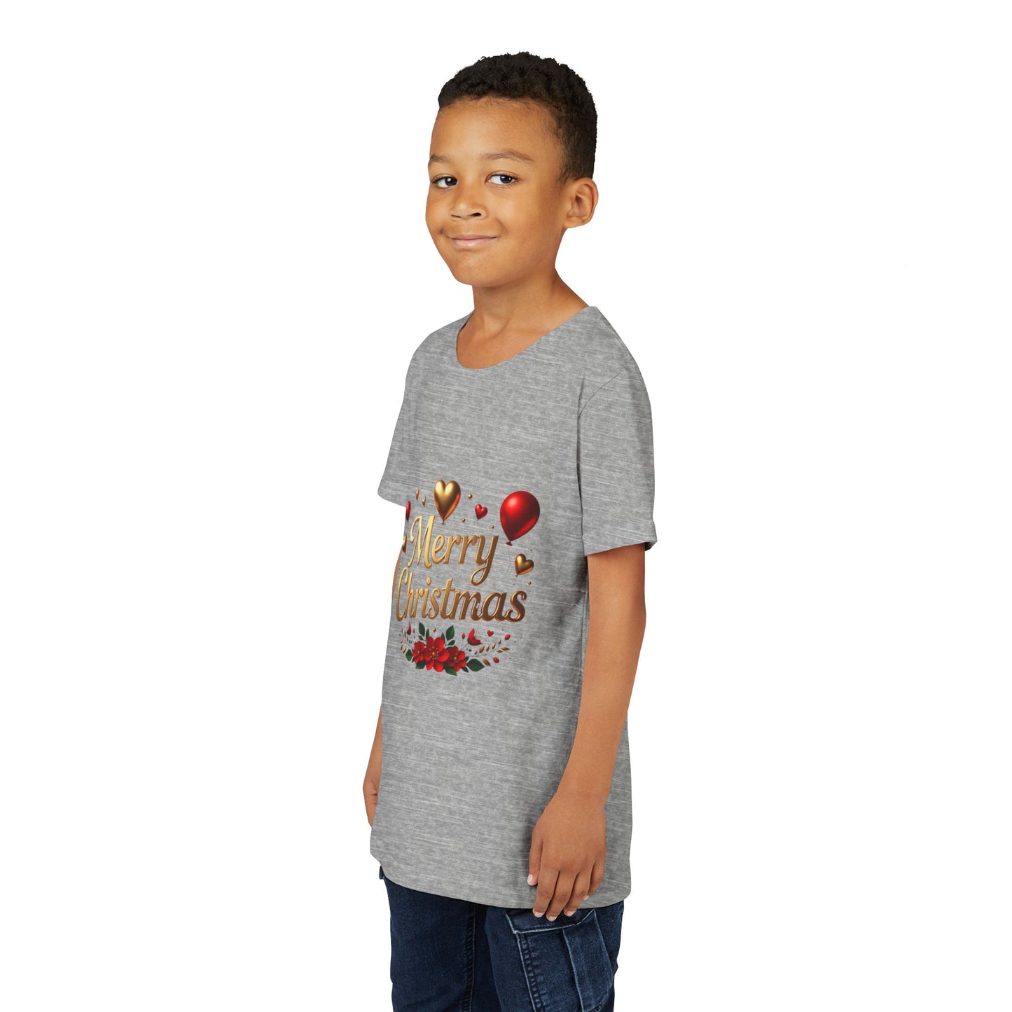 Youth Tee — Merry Christmas Gold Script with Hearts & Poinsettia Holiday Design