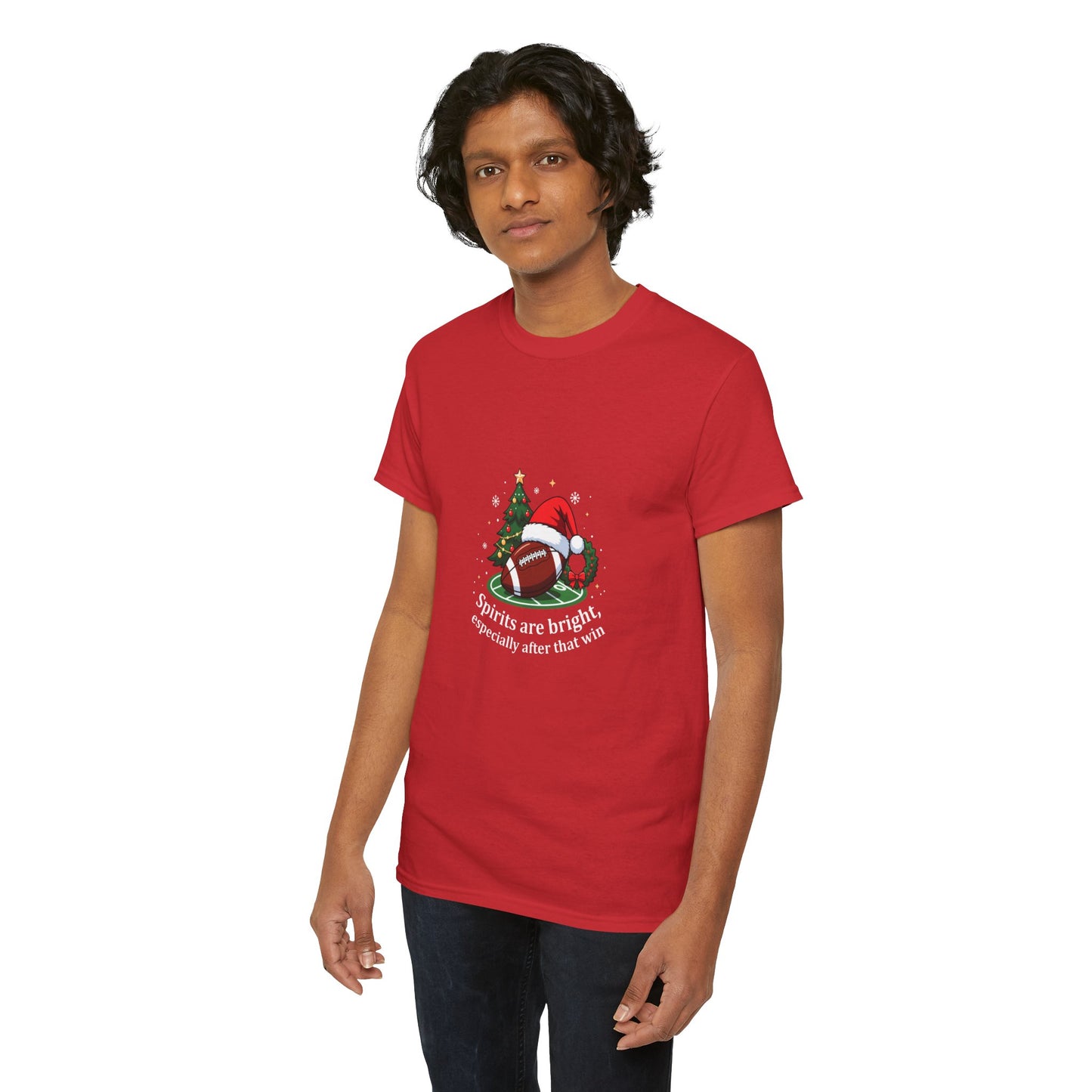 Christmas Football T-Shirt — "Spirits are bright, especially after that win" Holiday Tee