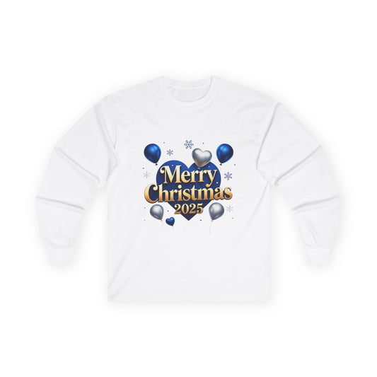 Long Sleeve Tee — "Merry Christmas 2025" Blue & Gold Holiday Design