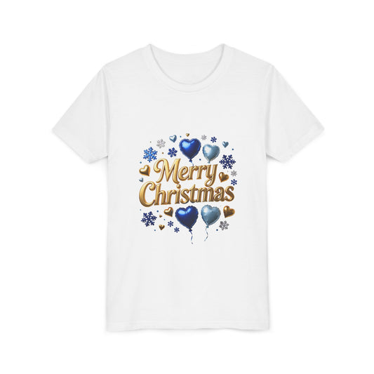 Merry Christmas Youth Tee — Blue & Gold Heart Holiday Kids Shirt