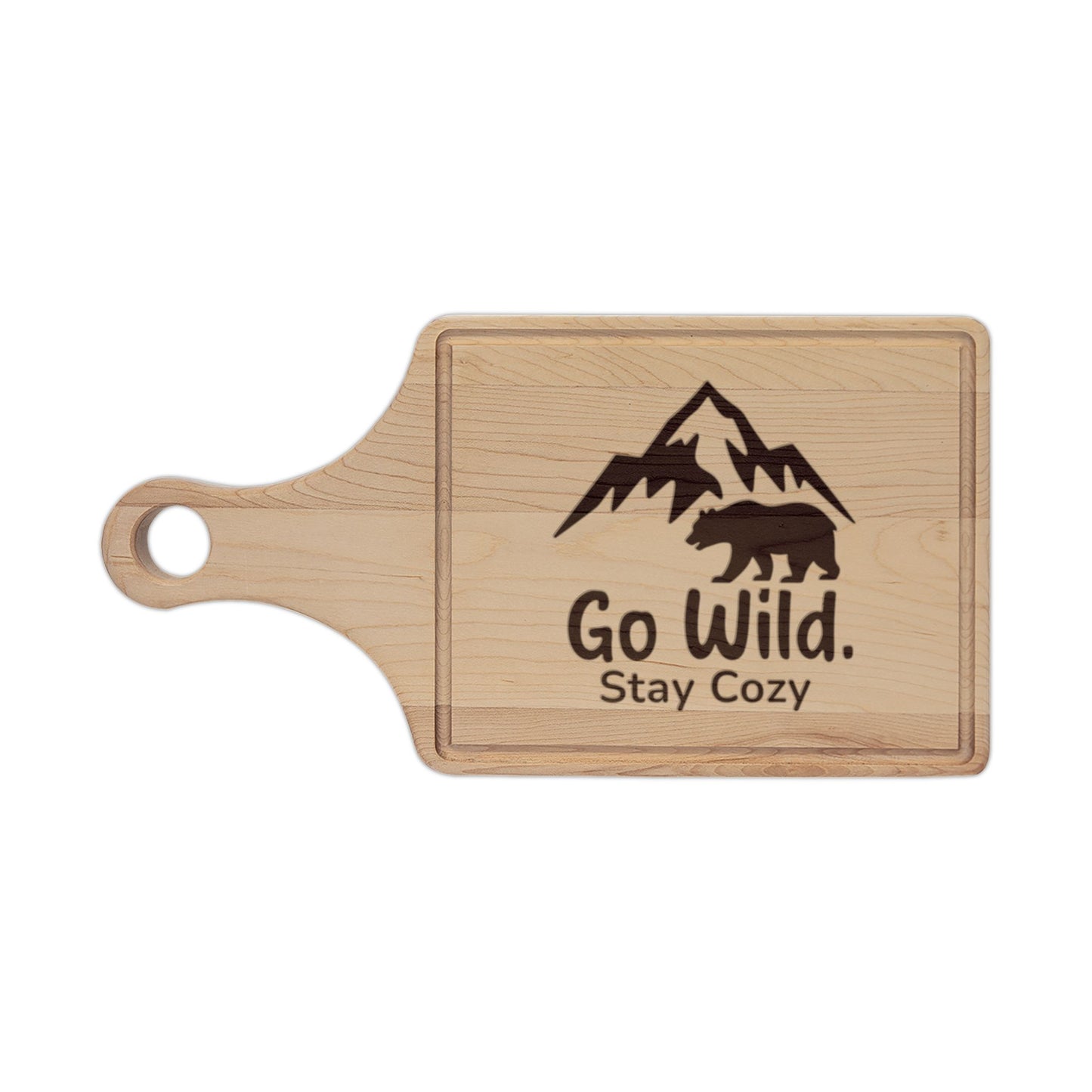 Engraved Maple Cutting Board – 'Go Wild Stay Cozy' Mountain & Bear Cabin Serving Board