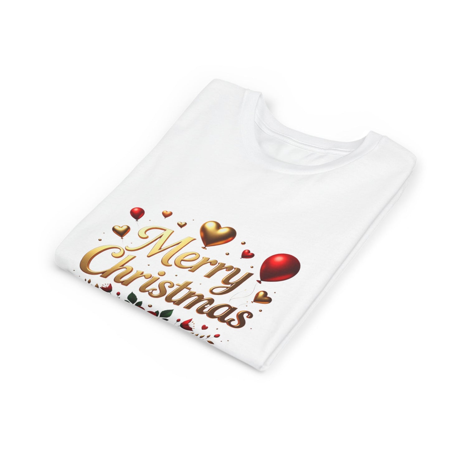 Youth Tee — Merry Christmas Gold Script with Hearts & Poinsettia Holiday Design
