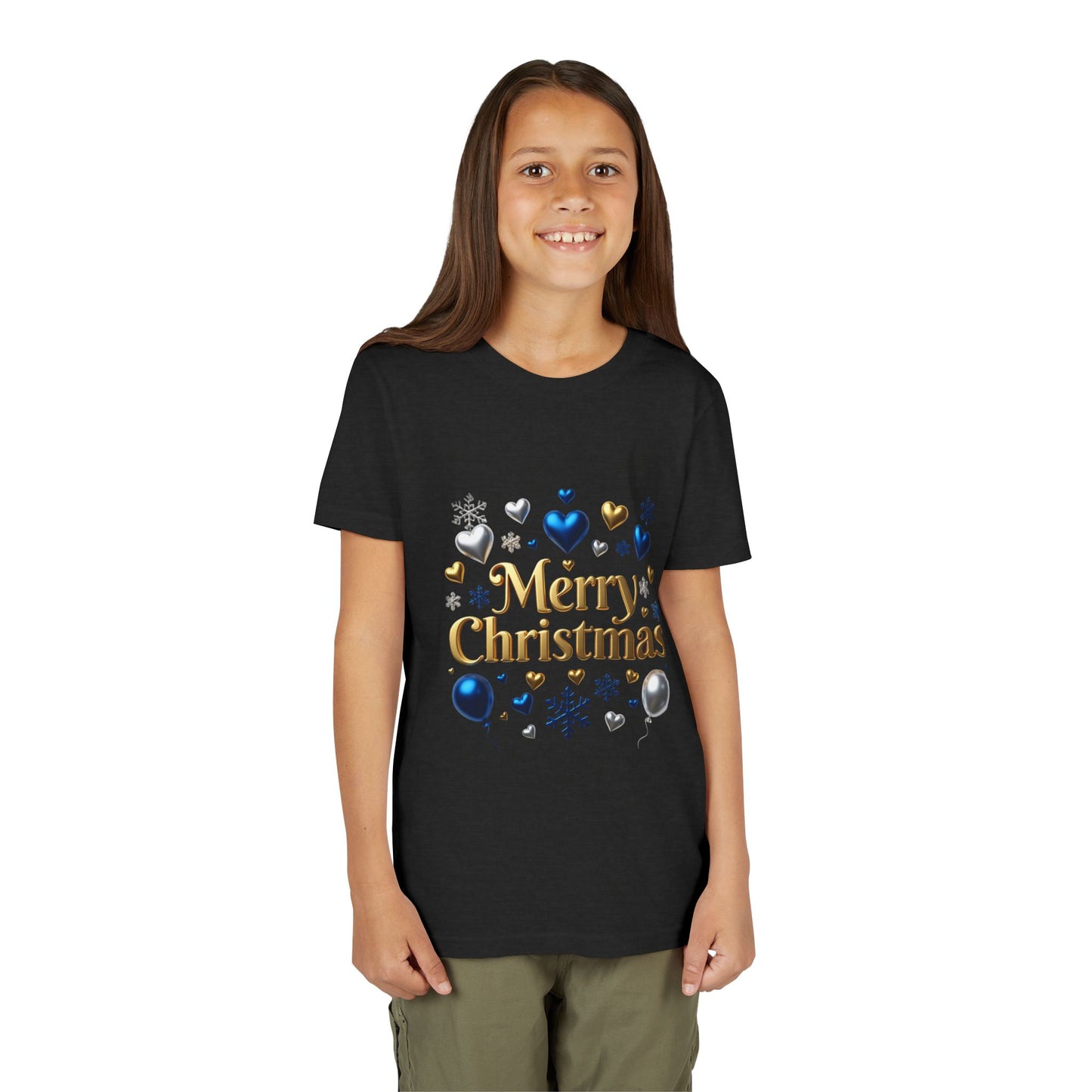 Youth Tee — "Merry Christmas" Gold Script with Blue & Silver Ornaments
