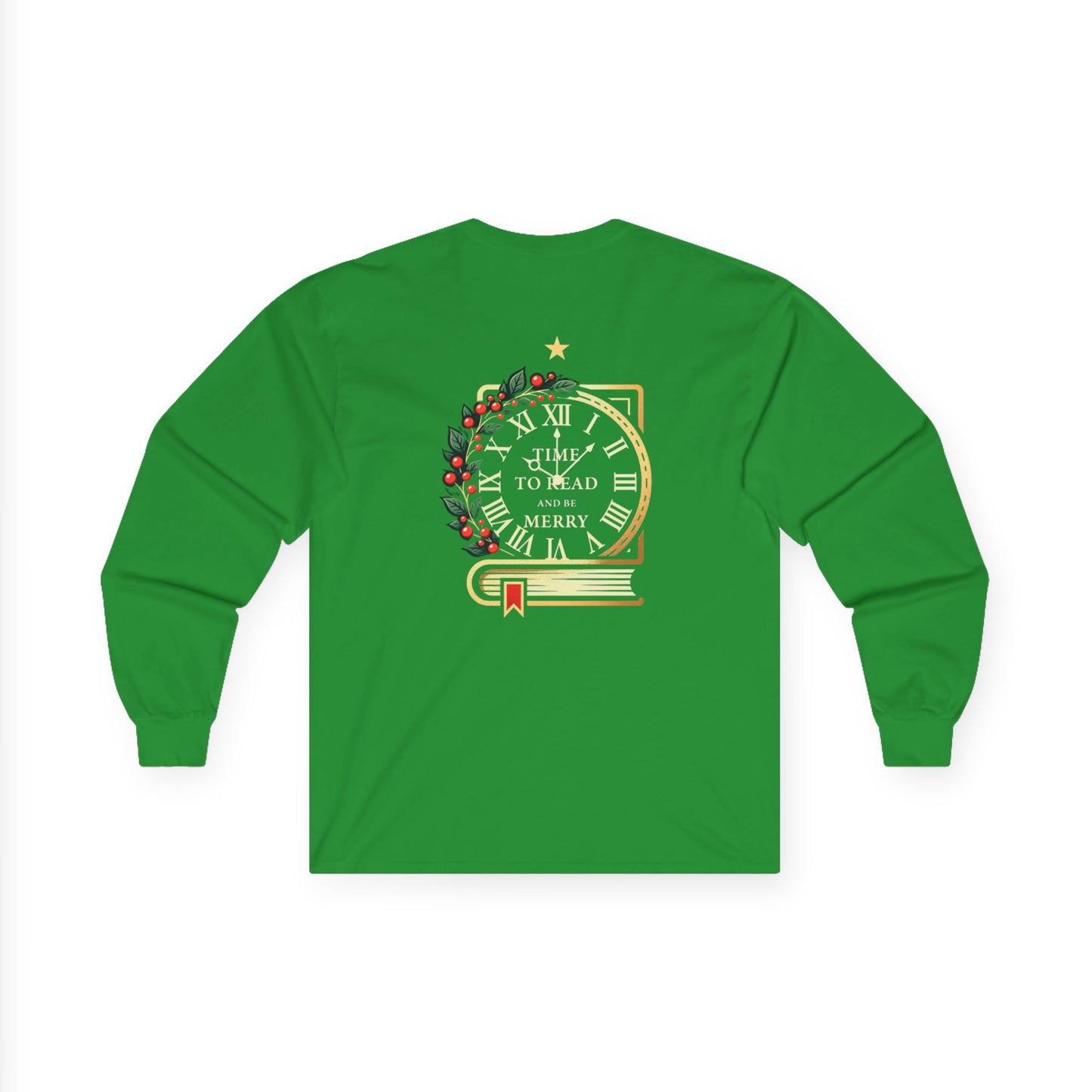 Christmas Clock & Wreath Long Sleeve Tee — "Time to Read Merry" Holiday Shirt