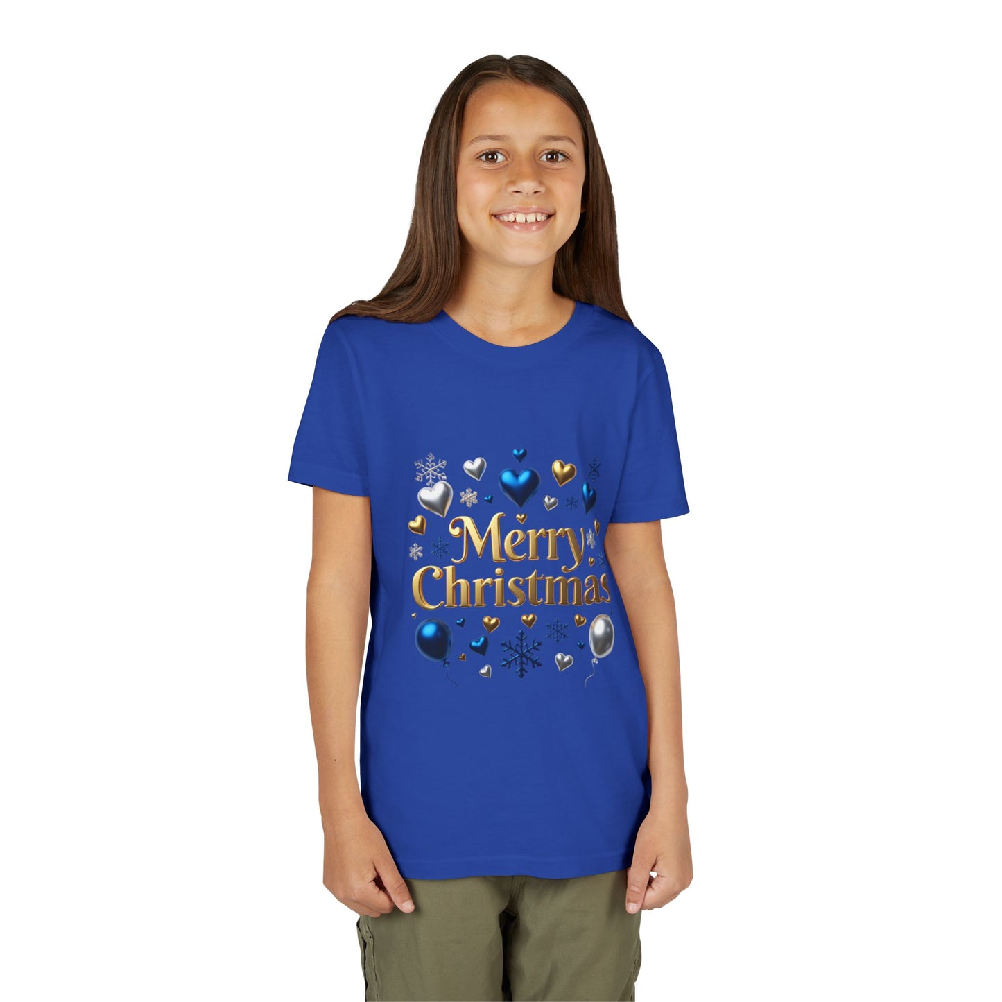 Youth Tee — "Merry Christmas" Gold Script with Blue & Silver Ornaments