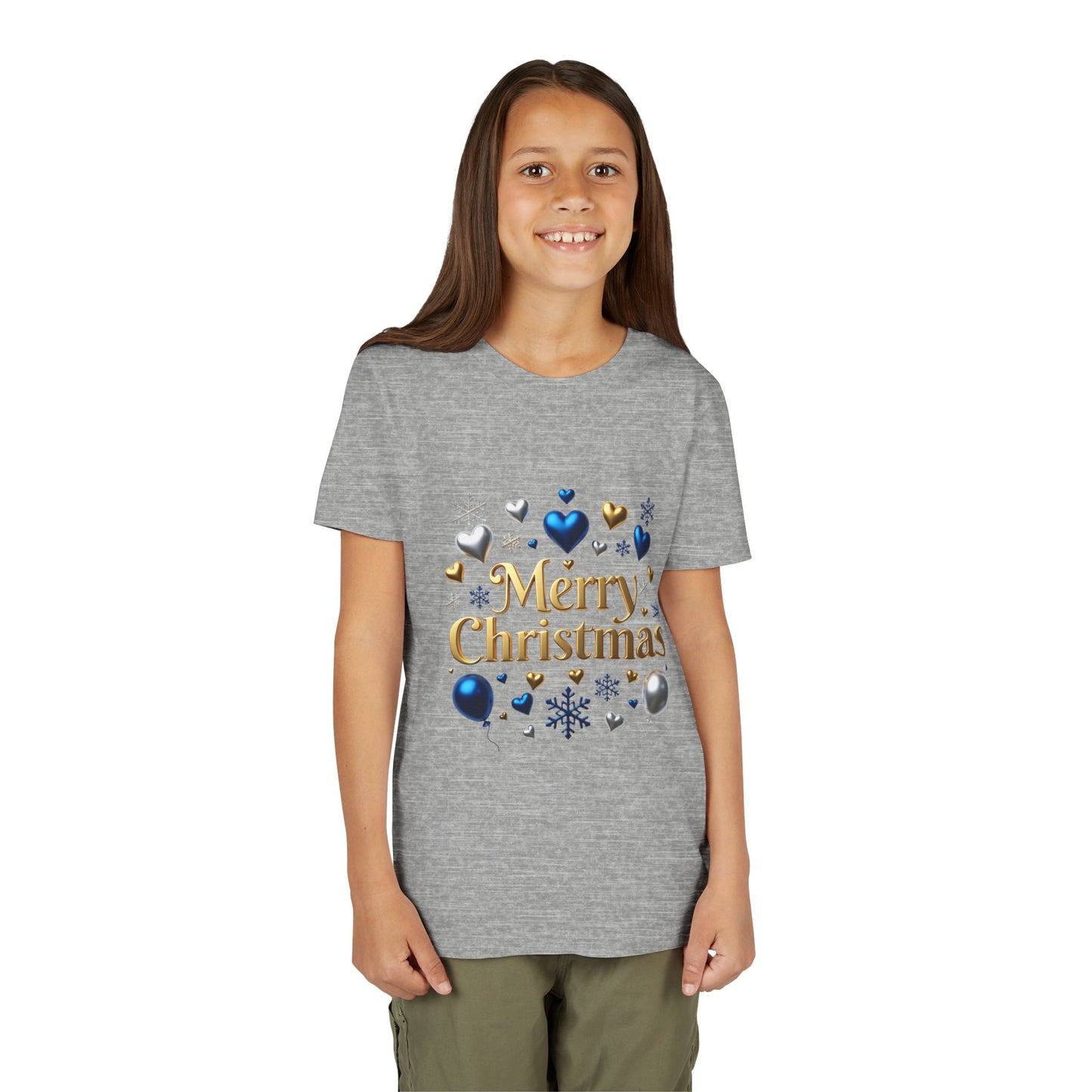 Youth Tee — "Merry Christmas" Gold Script with Blue & Silver Ornaments