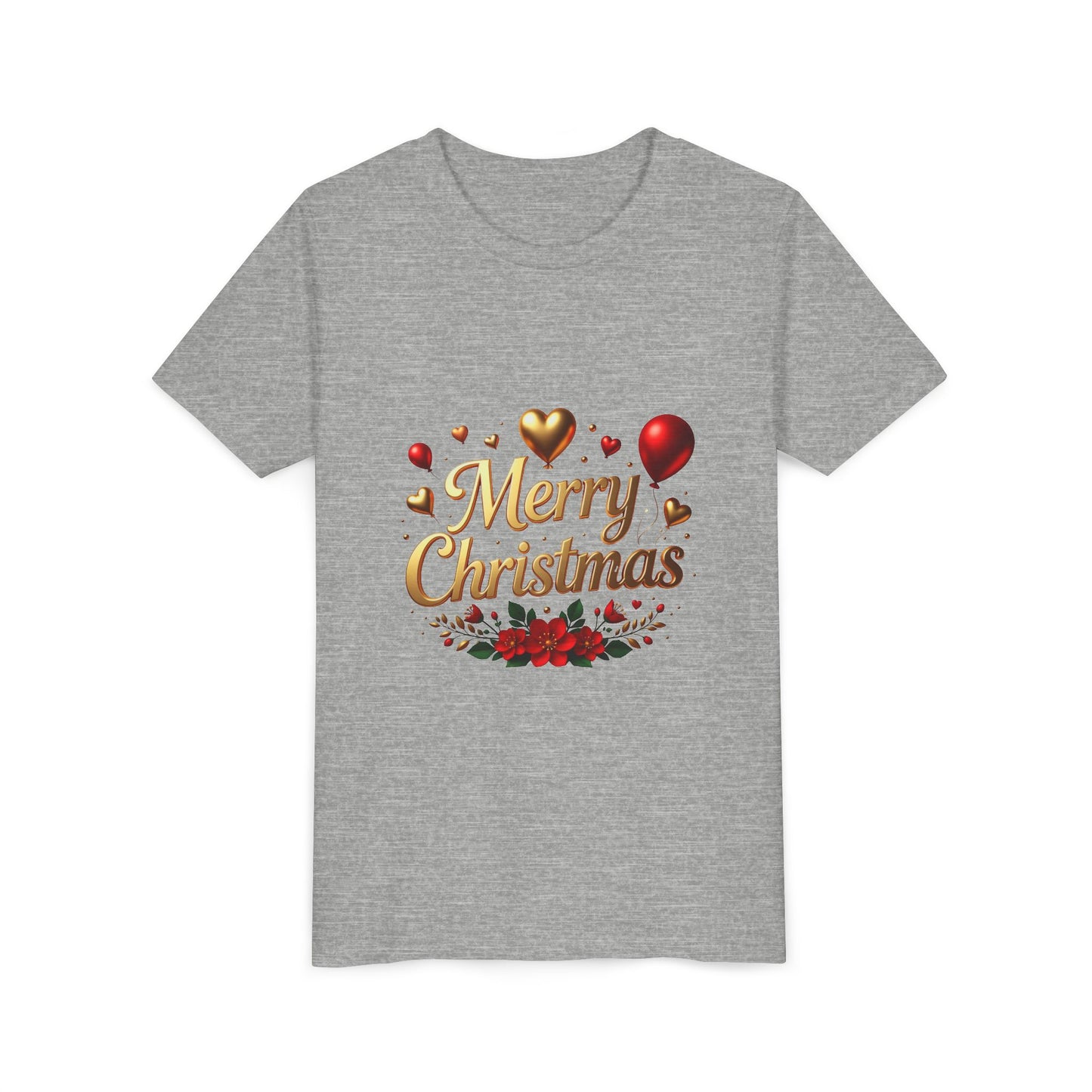 Youth Tee — Merry Christmas Gold Script with Hearts & Poinsettia Holiday Design