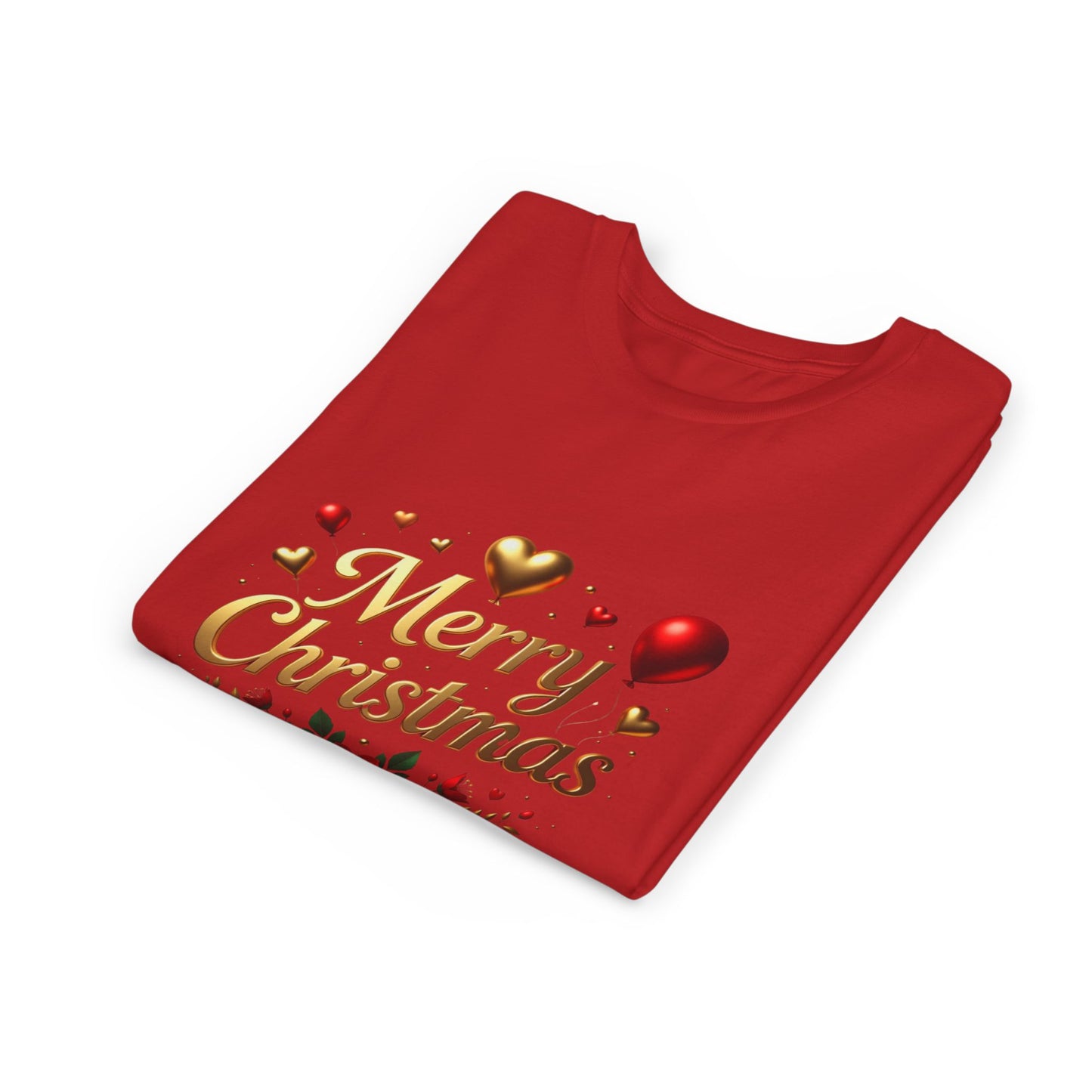 Youth Tee — Merry Christmas Gold Script with Hearts & Poinsettia Holiday Design