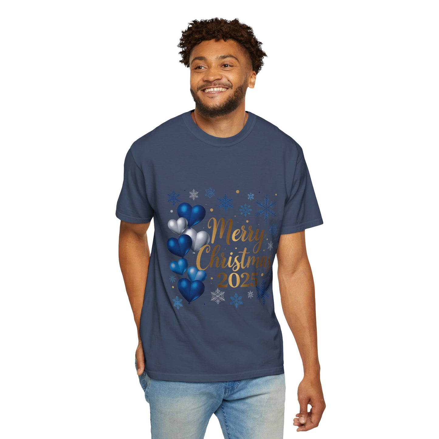 Christmas 2025 T-Shirt – "Merry Christmas 2025" Blue Heart Snowflake Holiday Tee