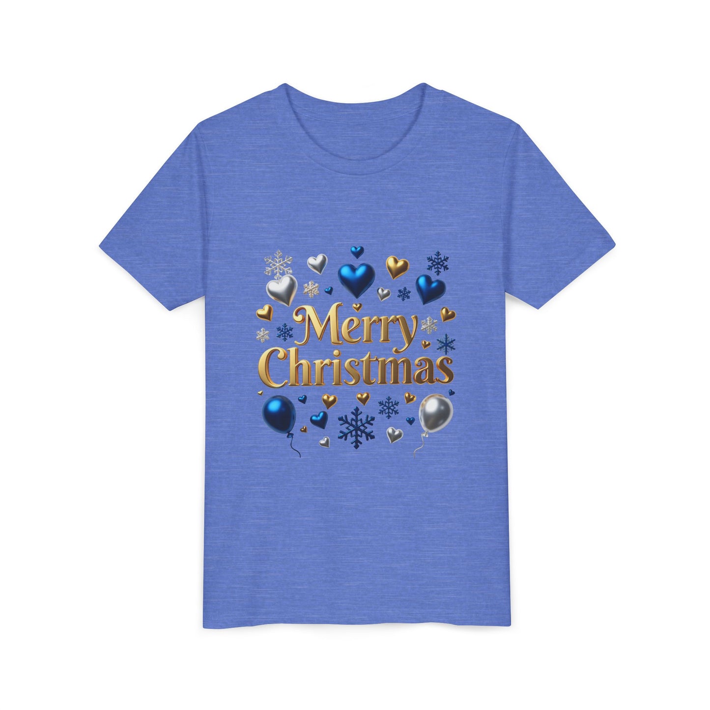 Youth Tee — "Merry Christmas" Gold Script with Blue & Silver Ornaments